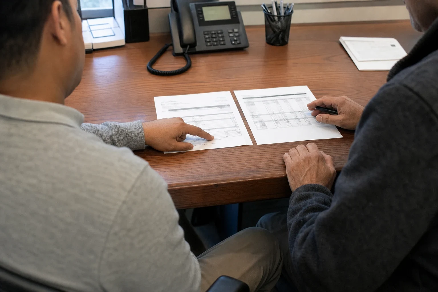 Over-the-shoulder view of two men at a wooden office desk comparing two printed documents laid side by side, one pointing at a statement, with a desk phone nearby.
