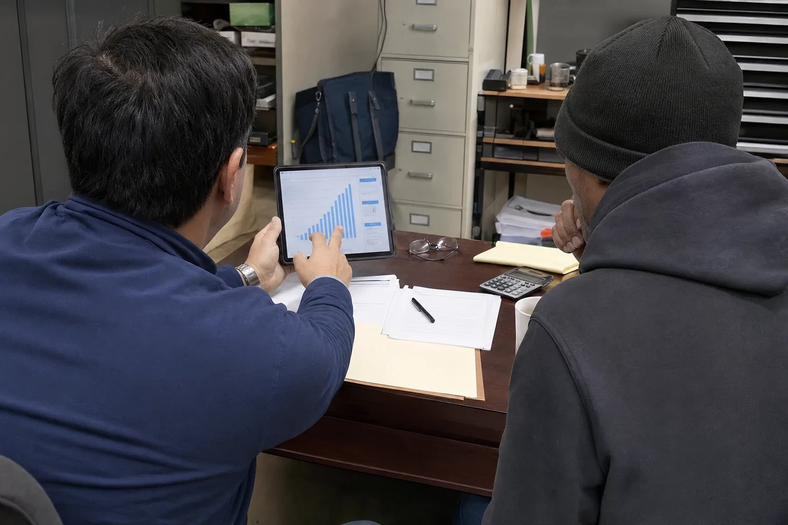 Agent in a navy shirt shows a bar chart on a tablet to a man in a beanie and hoodie at a desk with papers, a calculator and filing cabinets in a back office