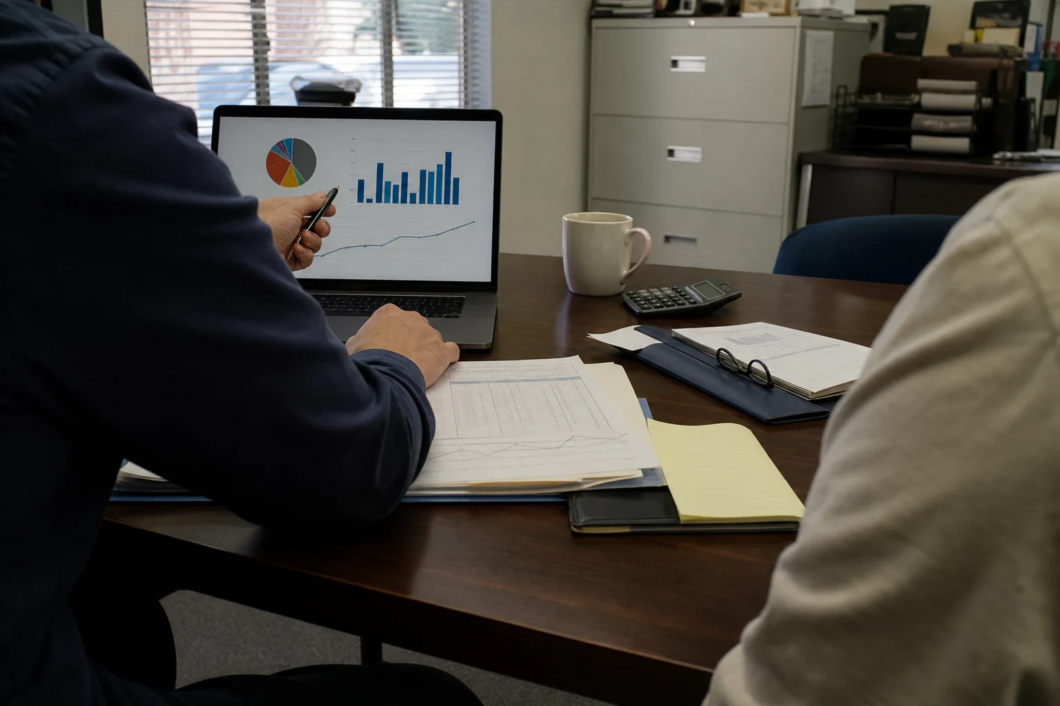Advisor points a pen at charts on a laptop beside printed spreadsheets, a calculator and a coffee mug on an office table, with a filing cabinet behind